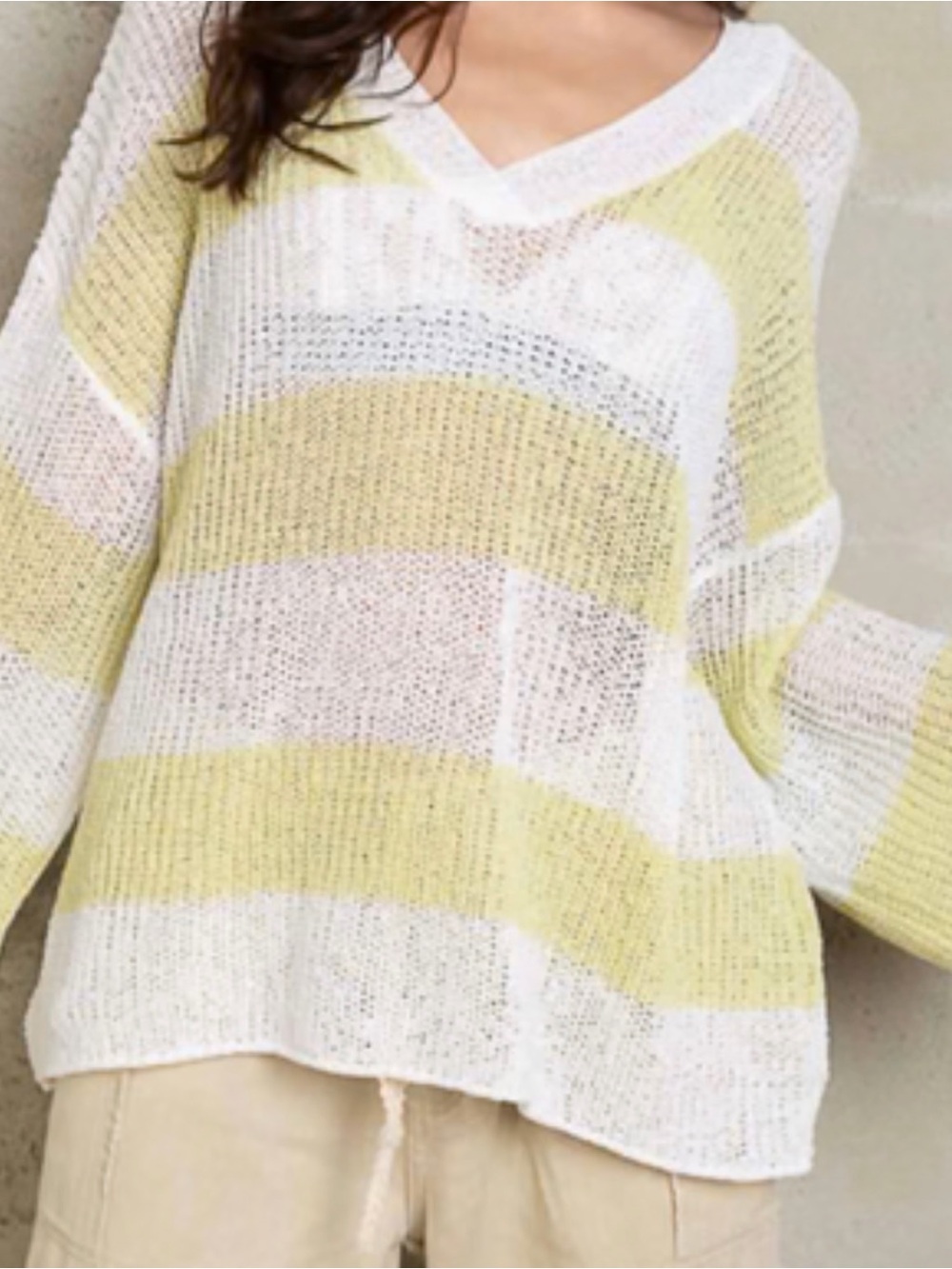 POL Women’s Green & White Striped V-Neck Knit Top